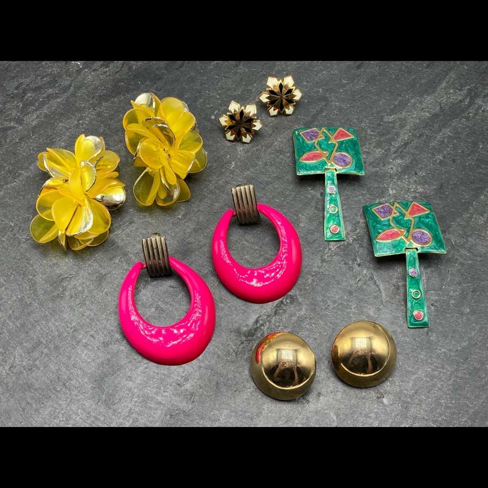 CLIP-ON Women’s Vintage Bundle 5x pairs earrings silver gold cloisonné